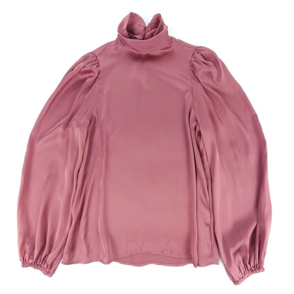 ZARA Mock Neck Balloon Sleeve Ruched Victorian French Girl Blouse Mauve Satin XS